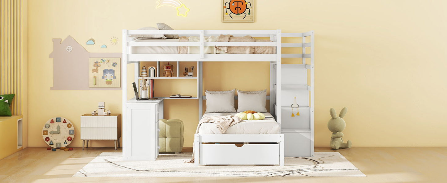 Full Over Twin Bunk Bed With Desk, Drawers And Shelves - White