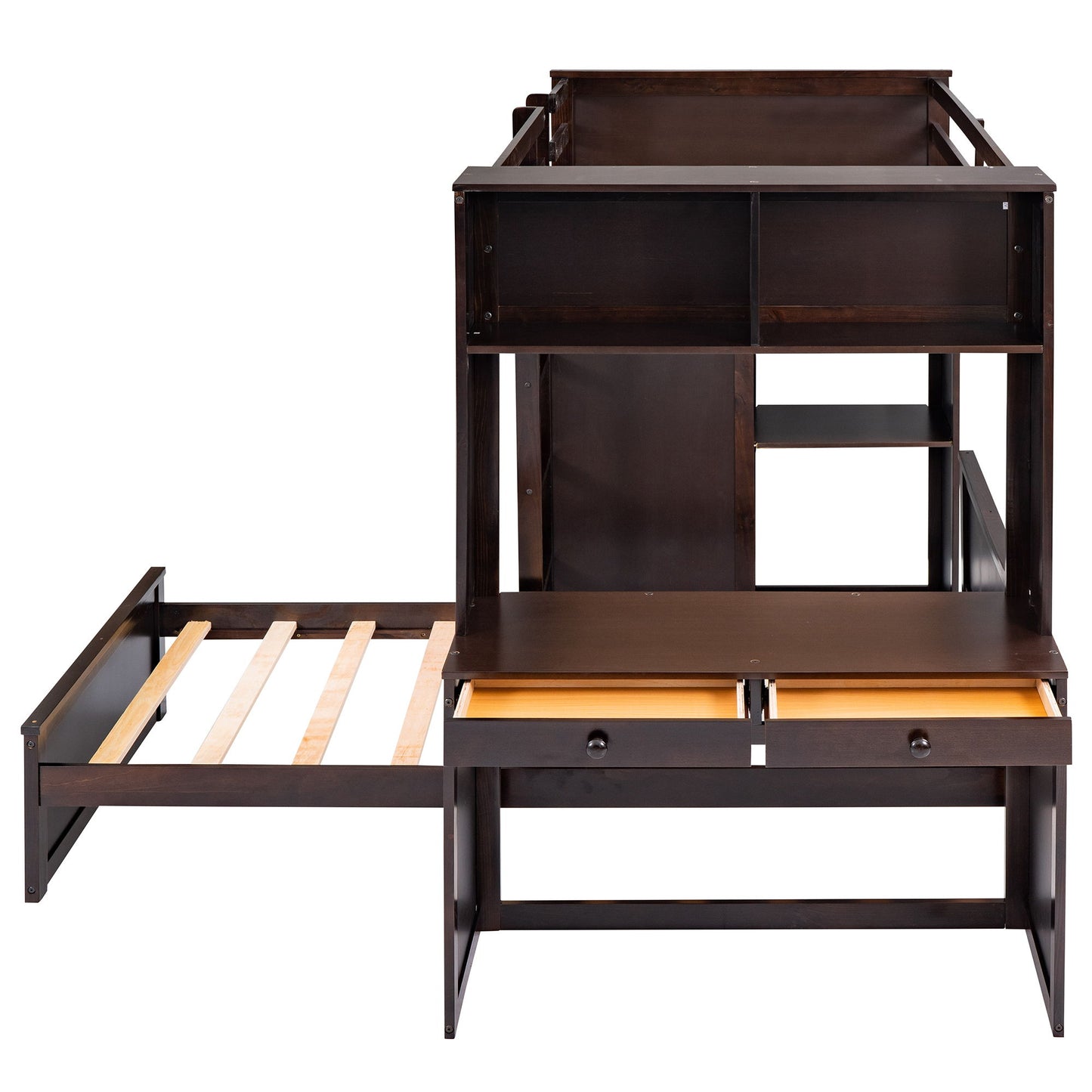 Twin Size Loft Bed With A Stand Alone Bed, Shelves, Desk, And Wardrobe - Espresso