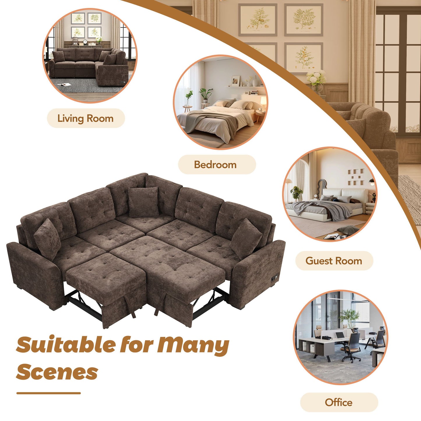 L-Shape Sofa Bed Pull-Out Sleeper Sofa With Wheels, USB Ports, Power Sockets For Living Room - Brown