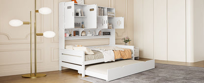 Twin Size Wooden Daybed With Twin Size Trundle, And All In One Cabinet And Shelf - White