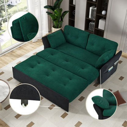 Modern Convertible Sleeper Sofa Bed With Pull Out Queen Design, Side Storage & Thick Cushions Chenille Loveseat For Living Room Or Bedroom 3 In 1 Function - Green
