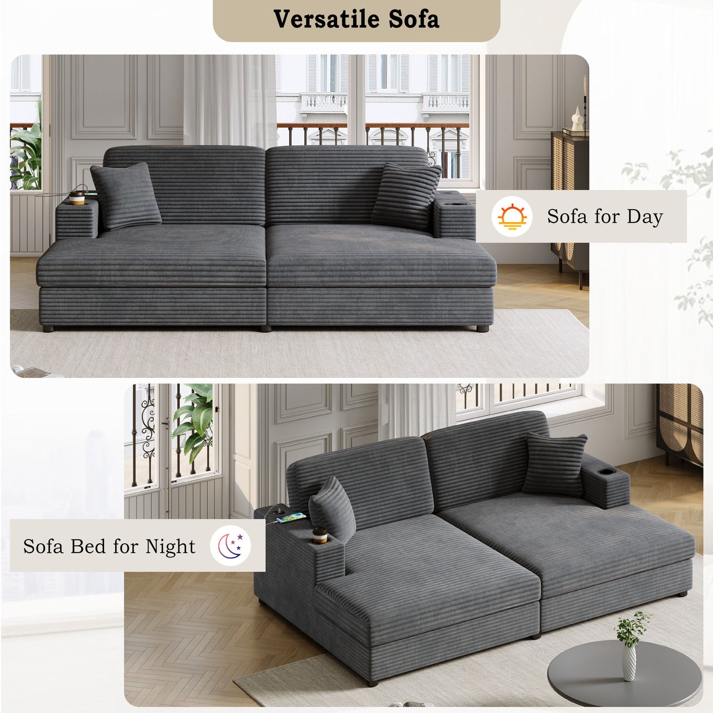 Oversized Loveseat Chaise Lounge Sectional Sofa Bed Corduroy Sleeper Sofa With 2 USB Ports, 2 Cup Holders And 2 Throw Pillows For Living Room And Bedroom - Dark Gray