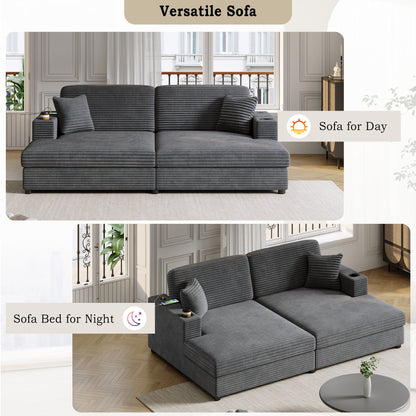 Oversized Loveseat Chaise Lounge Sectional Sofa Bed Corduroy Sleeper Sofa With 2 USB Ports, 2 Cup Holders And 2 Throw Pillows For Living Room And Bedroom - Dark Gray