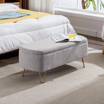 Storage Ottoman Bench For End Of Bed Gold Legs, Modern Gray Faux Fur Entryway Bench Upholstered Padded With Storage For Living Room Bedroom - Gray