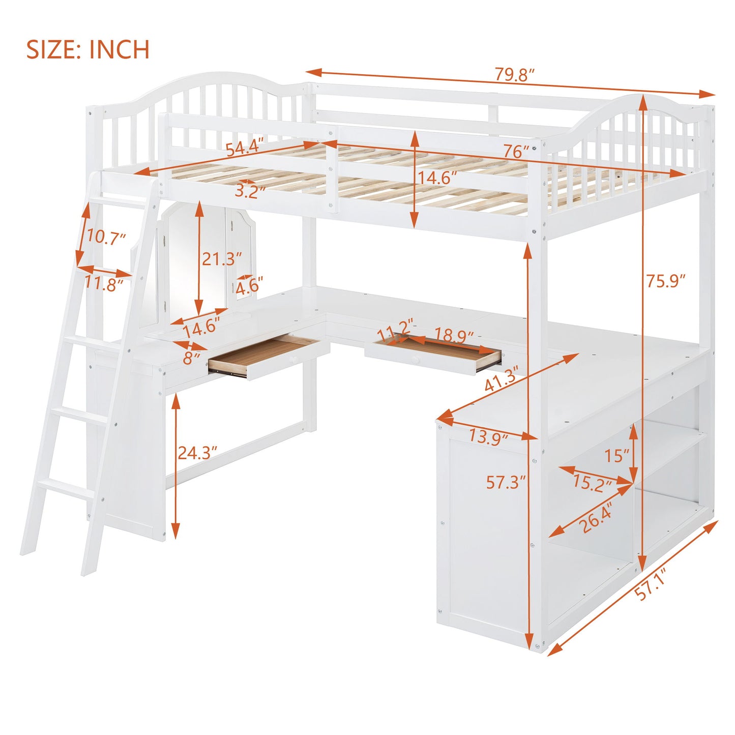 Full Loft Bed With U Shaped Desk, Storage Compartments And Tri Fold Mirror - White