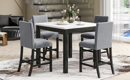 5-Piece Counter Height Dining Table Set With One Faux Marble Top Dining Table And Four Velvet Upholstered Chairs - Gray