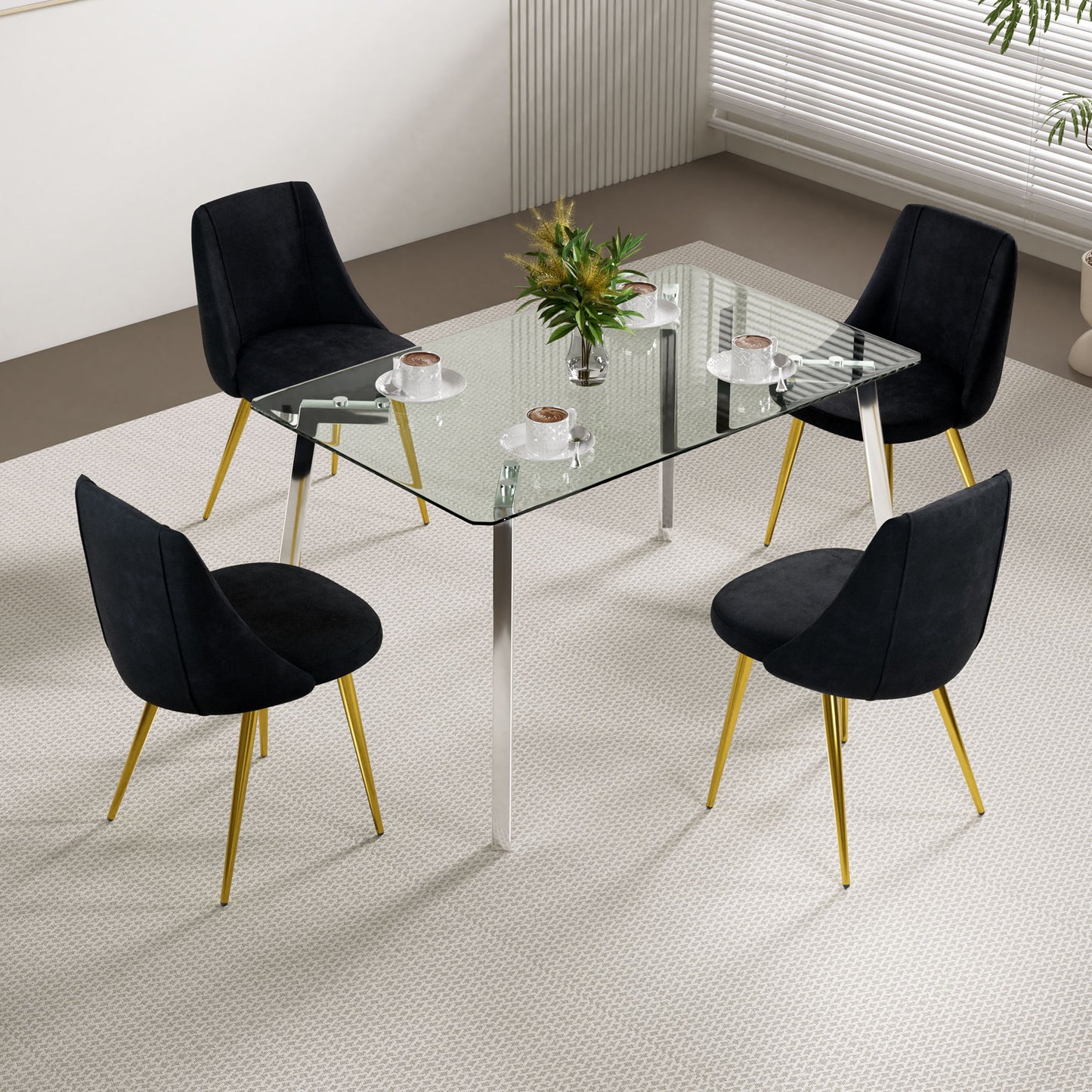 Modern Simple Velvet Dining Chair Set With Gold Metal Legs (Set of 4) - Black