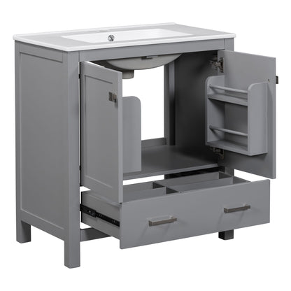 Bathroom Vanity With Single Sink, Combo Cabinet Undermount Sink, Bathroom Storage Cabinet With Two Doors And A Drawer, Soft Closing, Multifunctional Storage, Solid Wood Frame - Gray