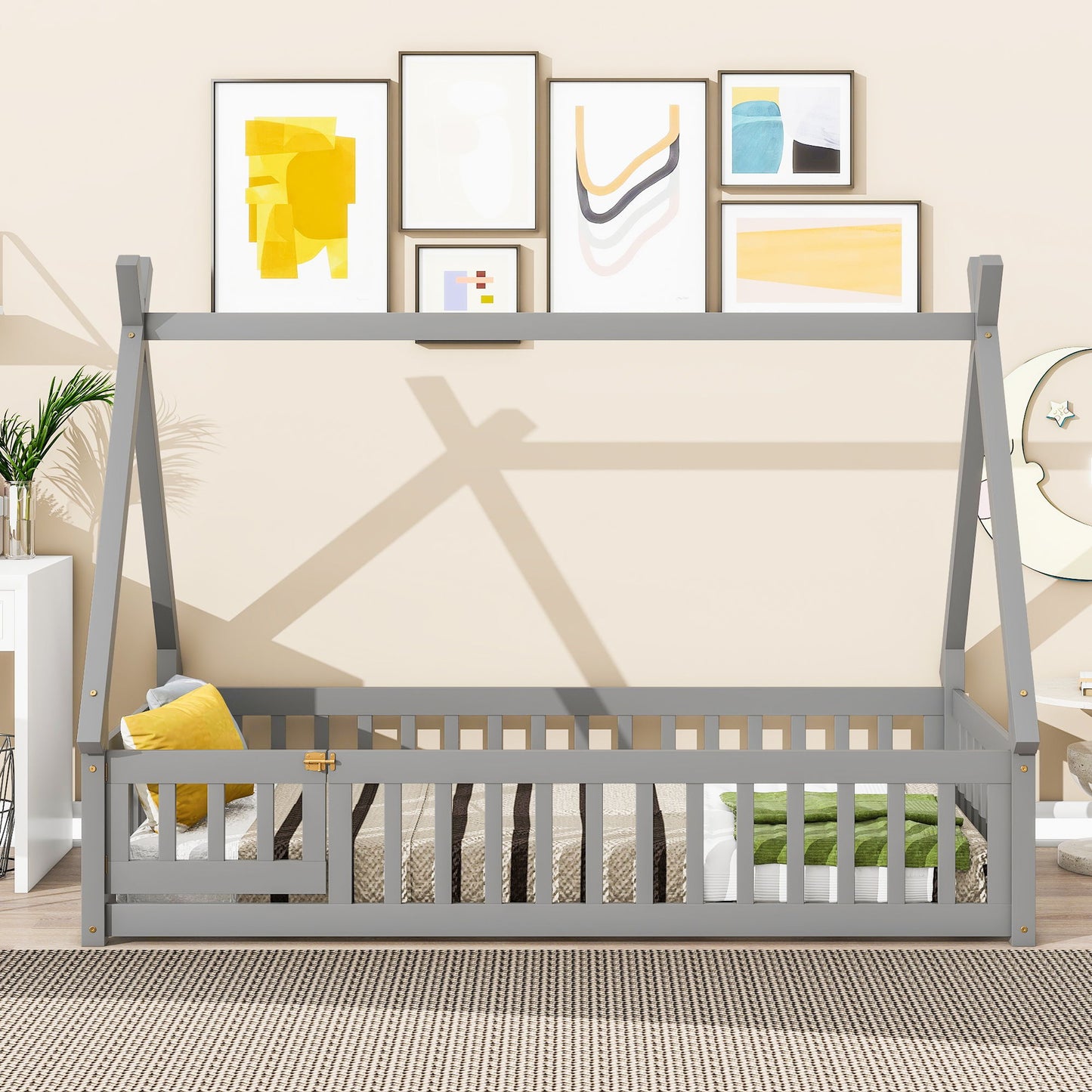 Twin Tent-Shaped Floor Bed, With Guardrails, Slats, Door - Gray