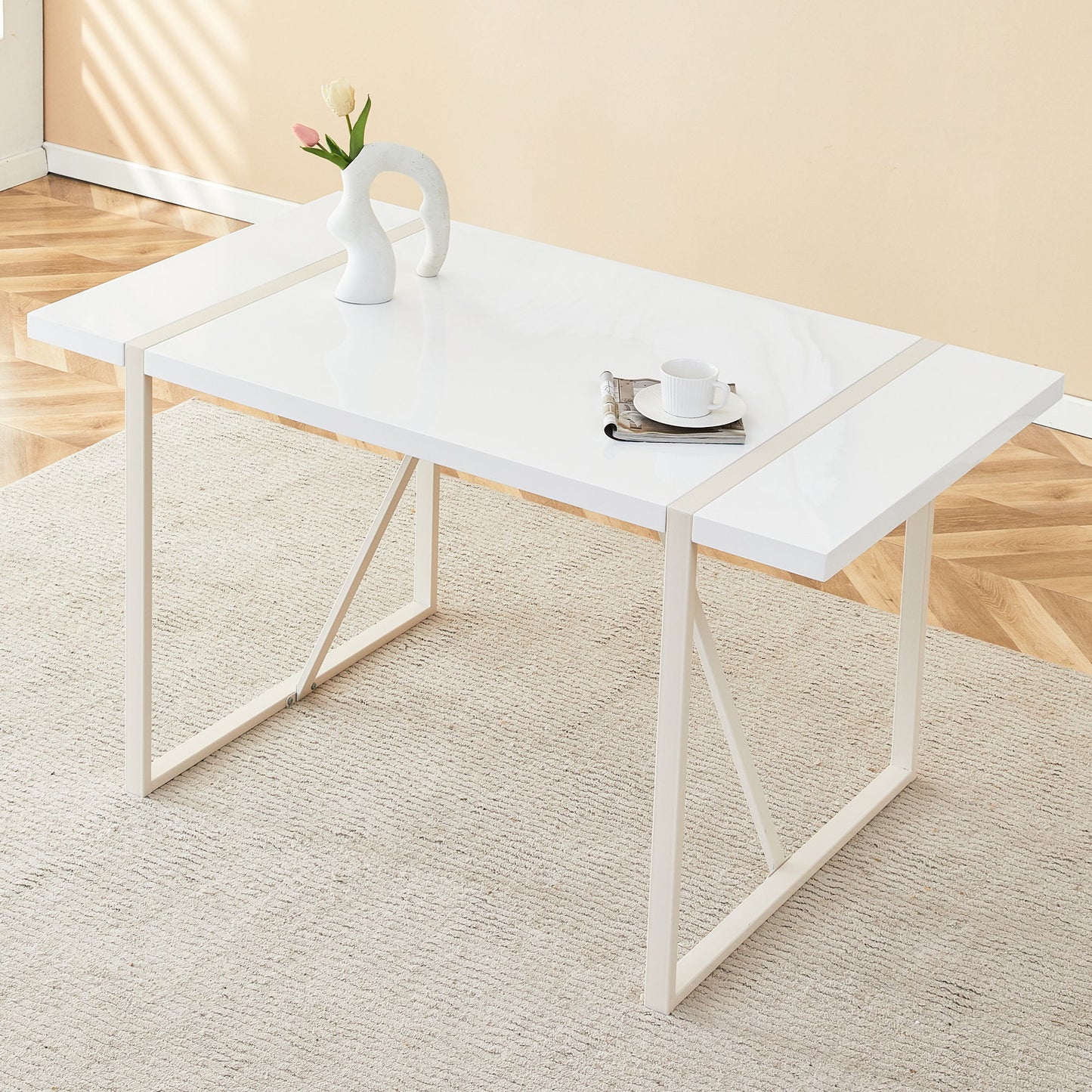 Industrial Rectangular Style Dining Table For 4 - 6 People With Thick Top And Metal Legs Frame - White