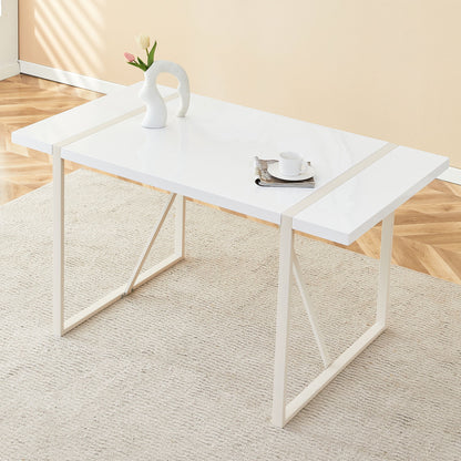 Industrial Rectangular Style Dining Table For 4 - 6 People With Thick Top And Metal Legs Frame - White