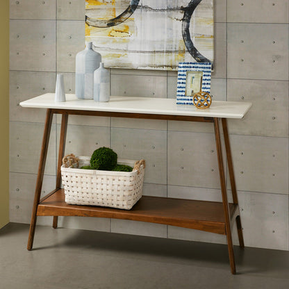 Console Table With Lower Shelf - Off White / Pecan Wood