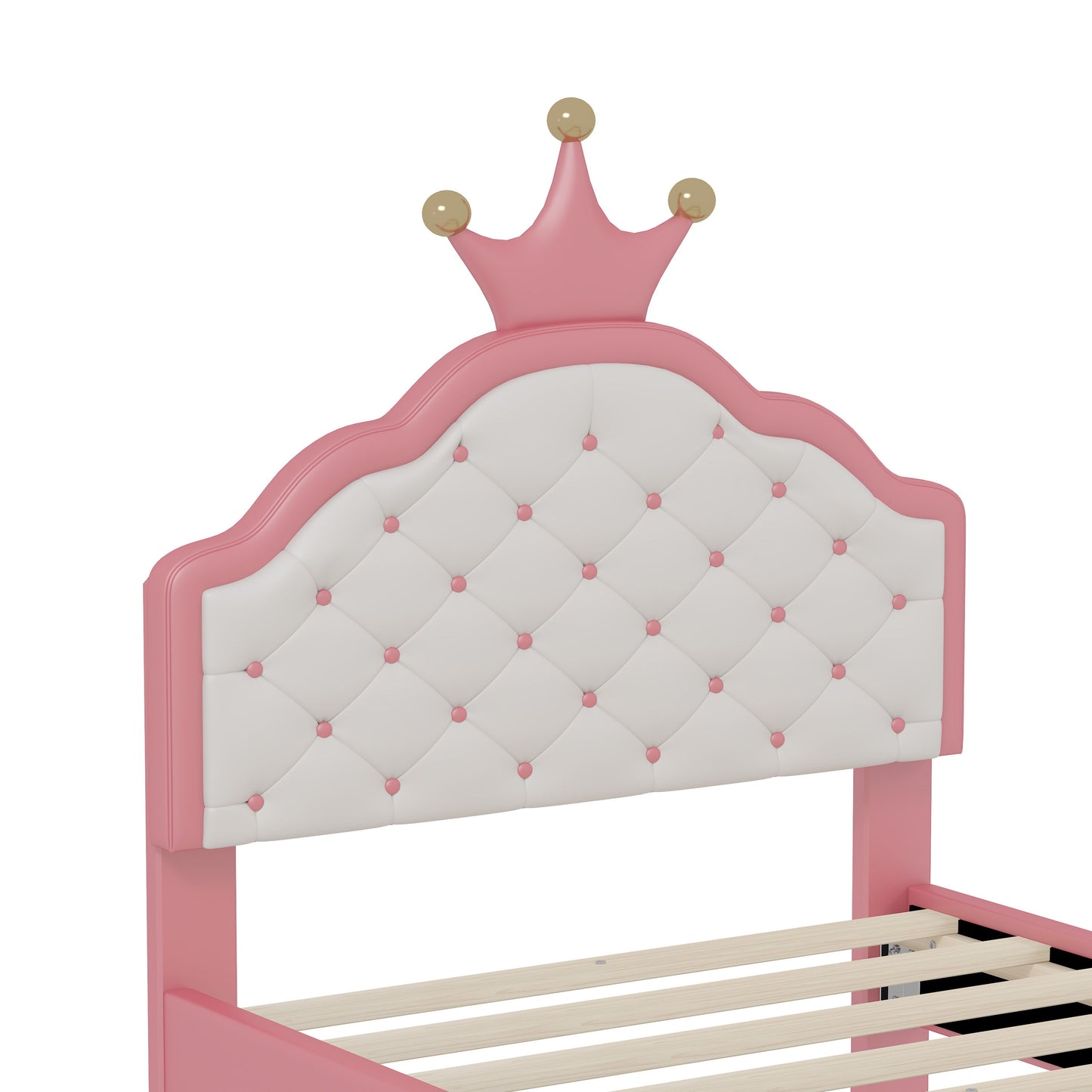 Twin Size Lovely Crown Fantasy Leather Princess Bed With Tufted Headboard - Pink / Cream
