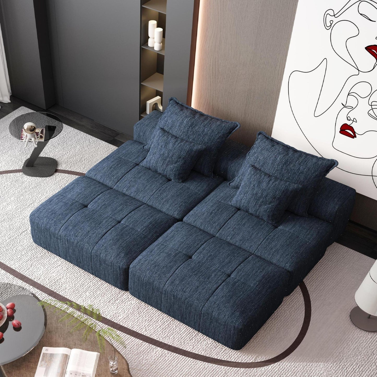 Modern Oversized Modular Sectional Sofa With 2 Ottoman And 2 Seat, Sparkling Chenille Fabric Soft Cushion Sofa With 4 Pillows, 4 Pieces Diy Combination Tufted Sofa, No Assembly Required - Blue