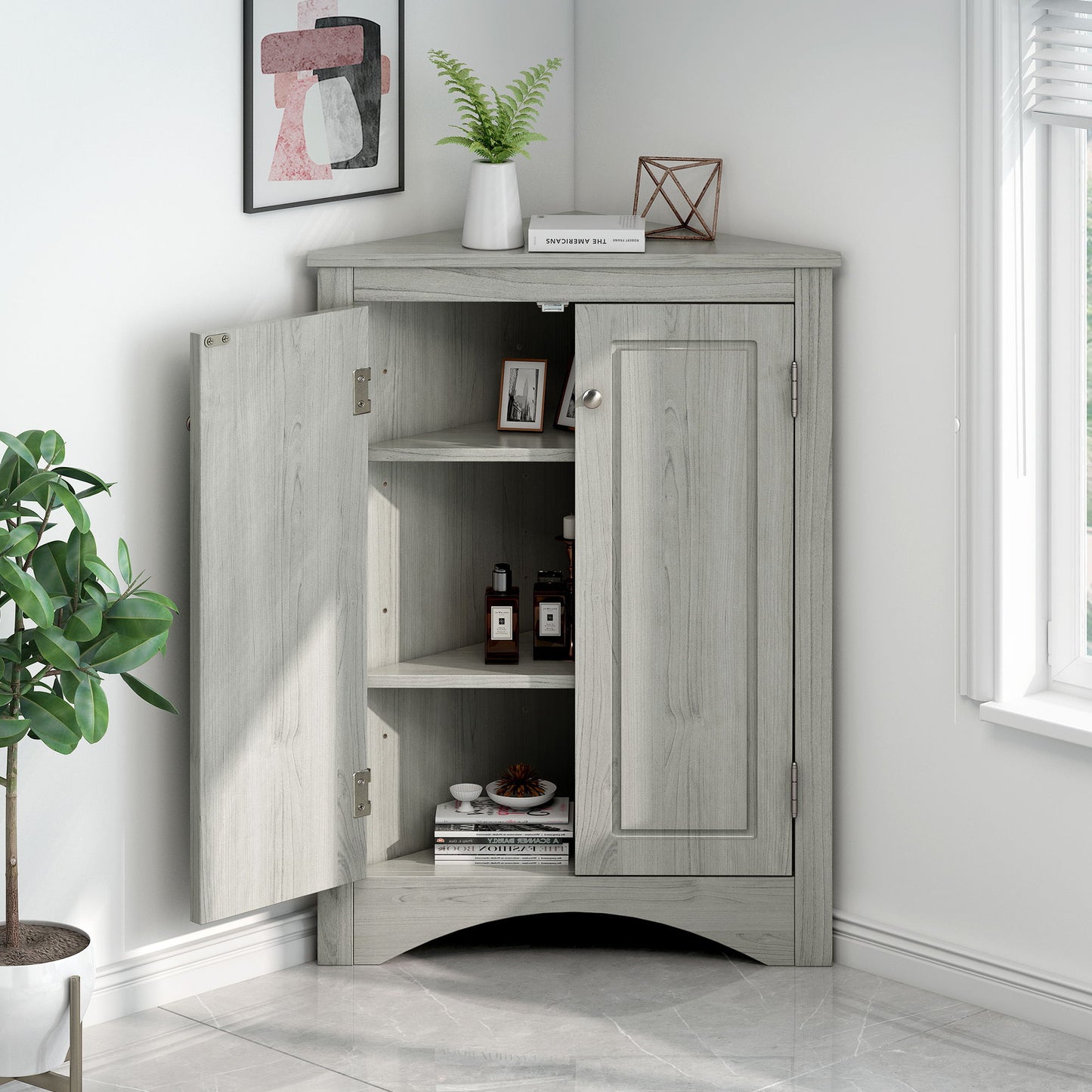 Triangle Bathroom Storage Cabinet With Adjustable Shelves, Freestanding Floor Cabinet For Home Kitchen - Oak