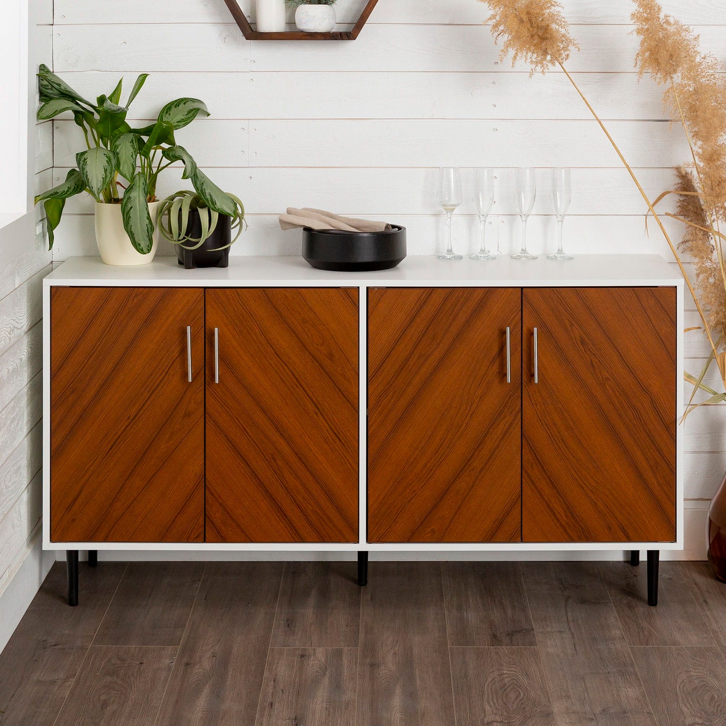 Mid-Century Modern Faux Bookmatch Door Buffet - White / Teak