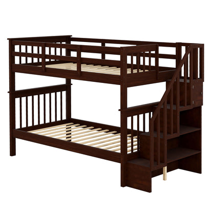 Twin Over Twin Stairway Bunk Bed With Storage And Guard Rail For Bedroom - Espresso