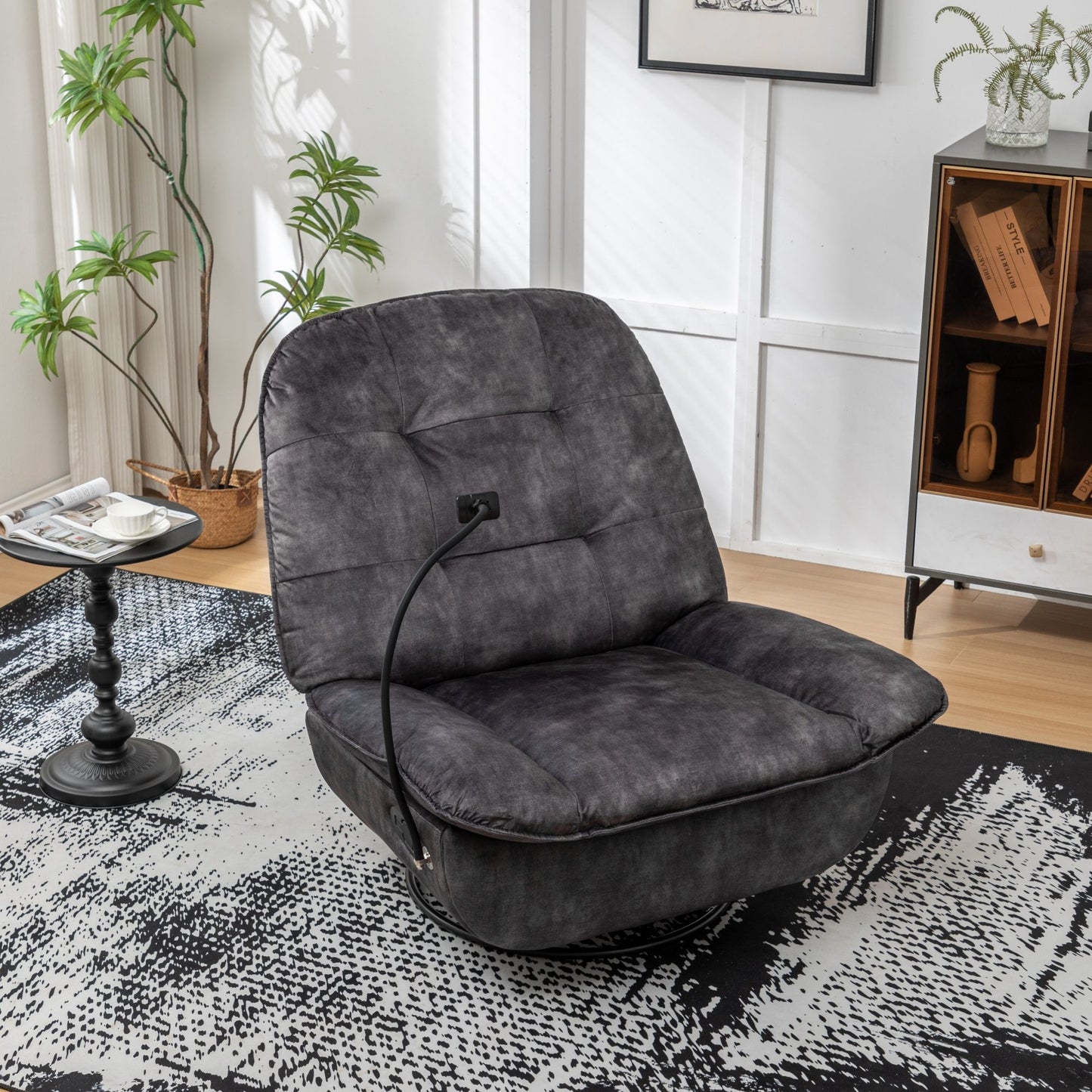 Modern Swivel Gliding Recliner Chair With Rocking Function And Phone Holder - Large Comfortable Reading Chair In Gold Stamped Velvet - Black