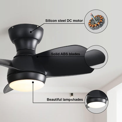23" Bedroom Ceiling Fan With 3 Color Dimmable 3 ABS Blades Remote Control Dc Motor Black With 18W Led Light - Black