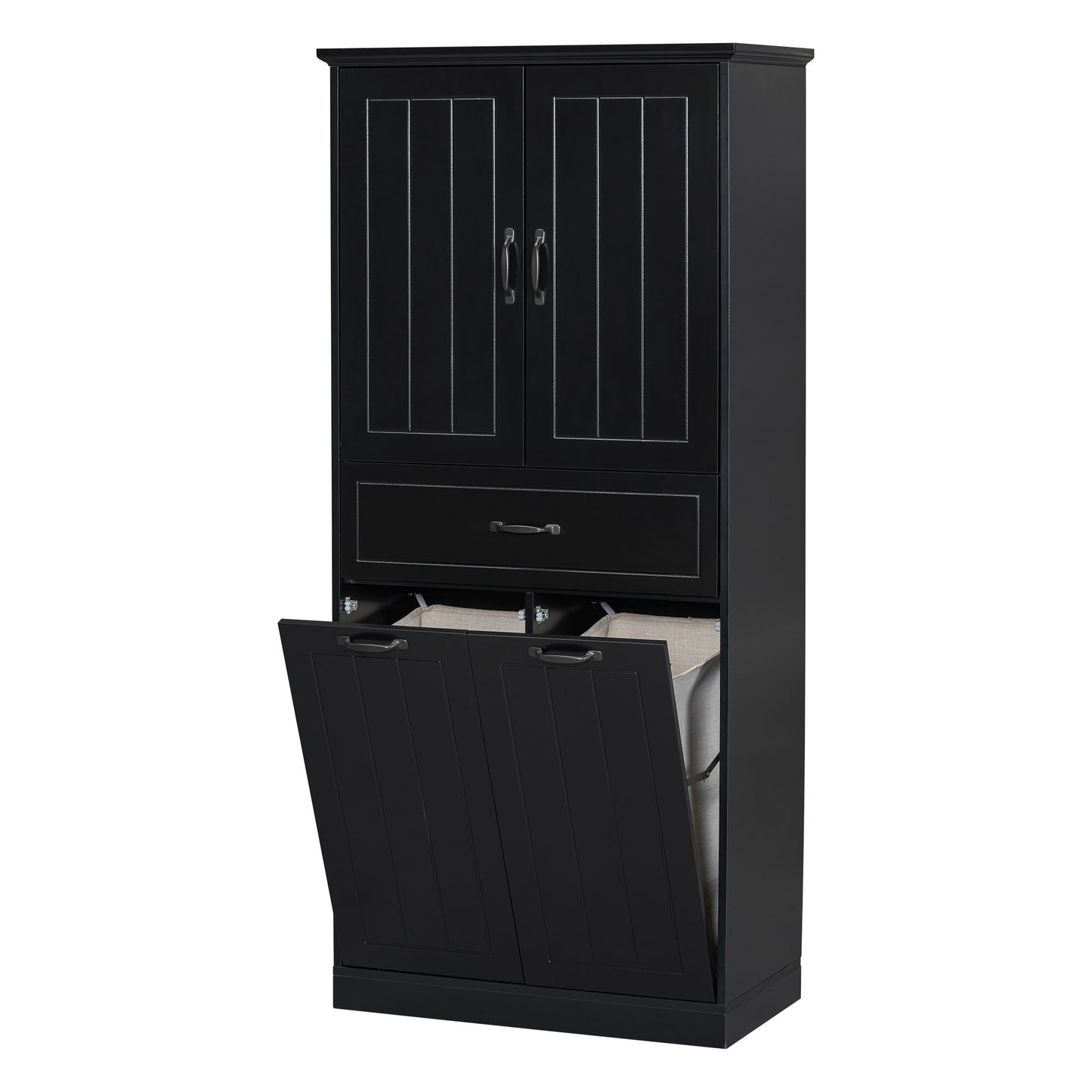 Stylish Bathroom Storage Cabinet With 2 Laundry Baskets And Drawer - Black