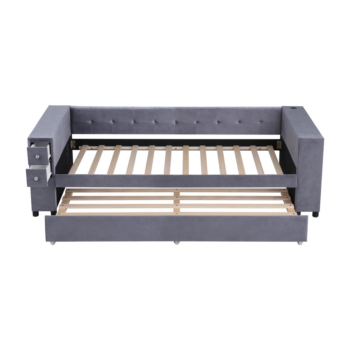 Twin Upholstered Bed With Storage And Twin Trundle, USB Charging Ports - Gray
