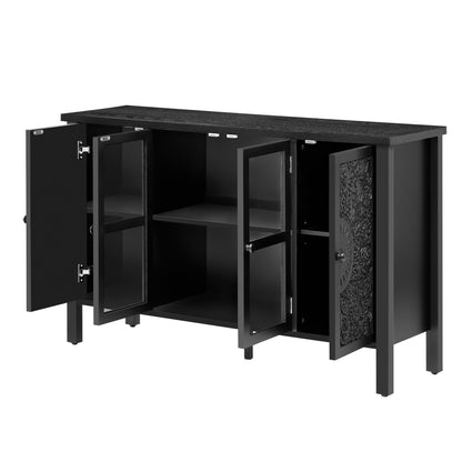 Retro TV Stand For TVs Up To 43", Entertainment Center Media Console Cabinet With 3 Spacious Cabinets, Glass Cabinet Doors And Anti-Tip Device For Living Room - Black