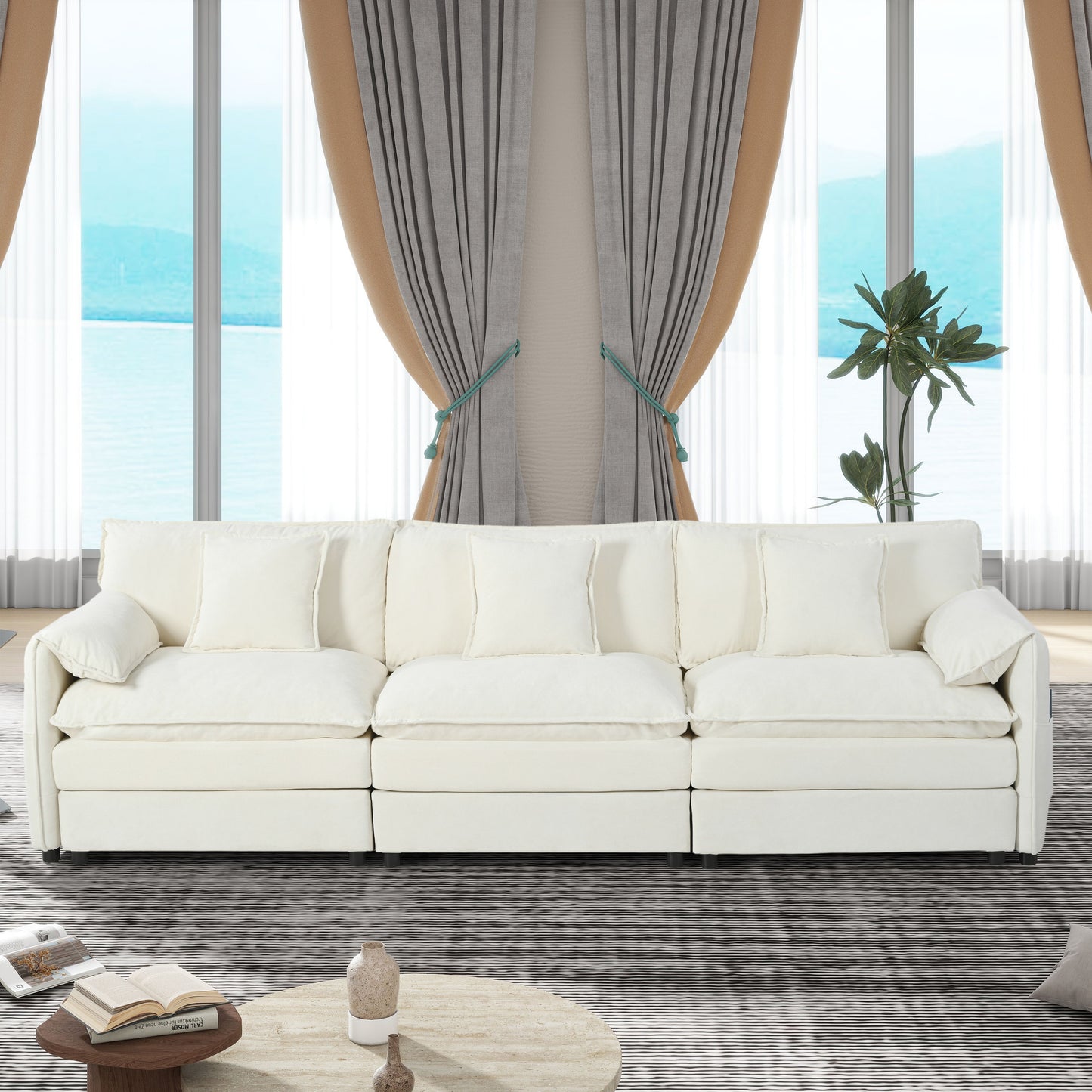 Modern Chenille Oversized Deep Seat Sectional Sofa, Large 3 Seater Modular Sofa With Pillows - Beige