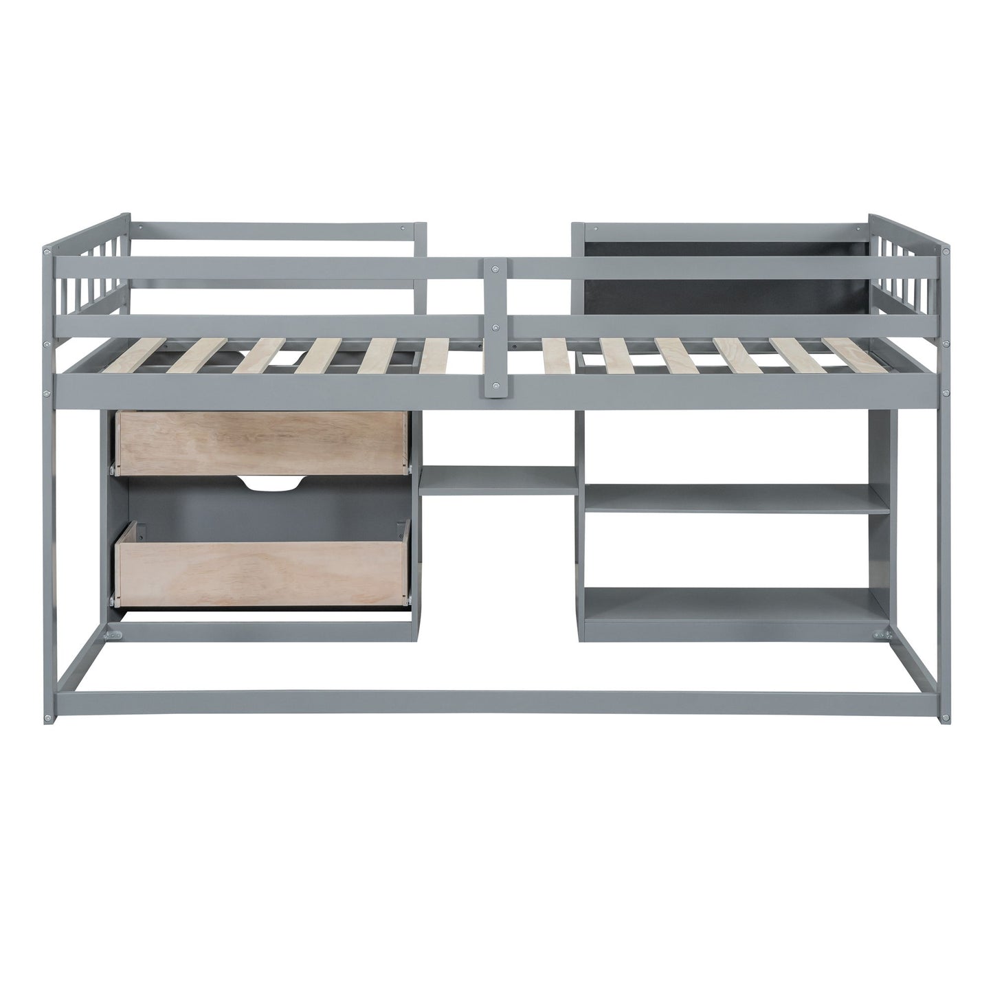 Twin Size Low Loft Bed With Rolling Desk, Shelf And Drawers - Gray
