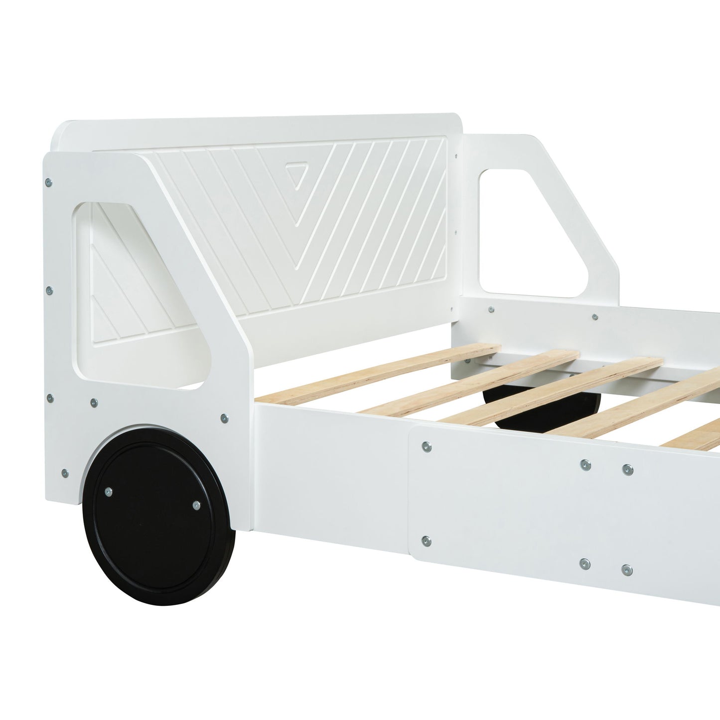 Full Size Car Shaped Platform Bed With Wheels - White
