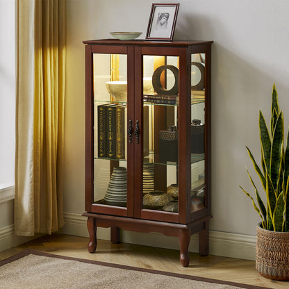 Curio Cabinet Lighted Curio Diapaly Cabinet With Adjustable Shelves And Mirrored Back Panel, Tempered Glass Doors (3 Tier), (E26 Light Bulb Not Included) - Walnut