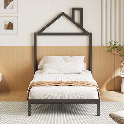 Twin Size Platform Bed With House-Shaped Headboard Design - Black