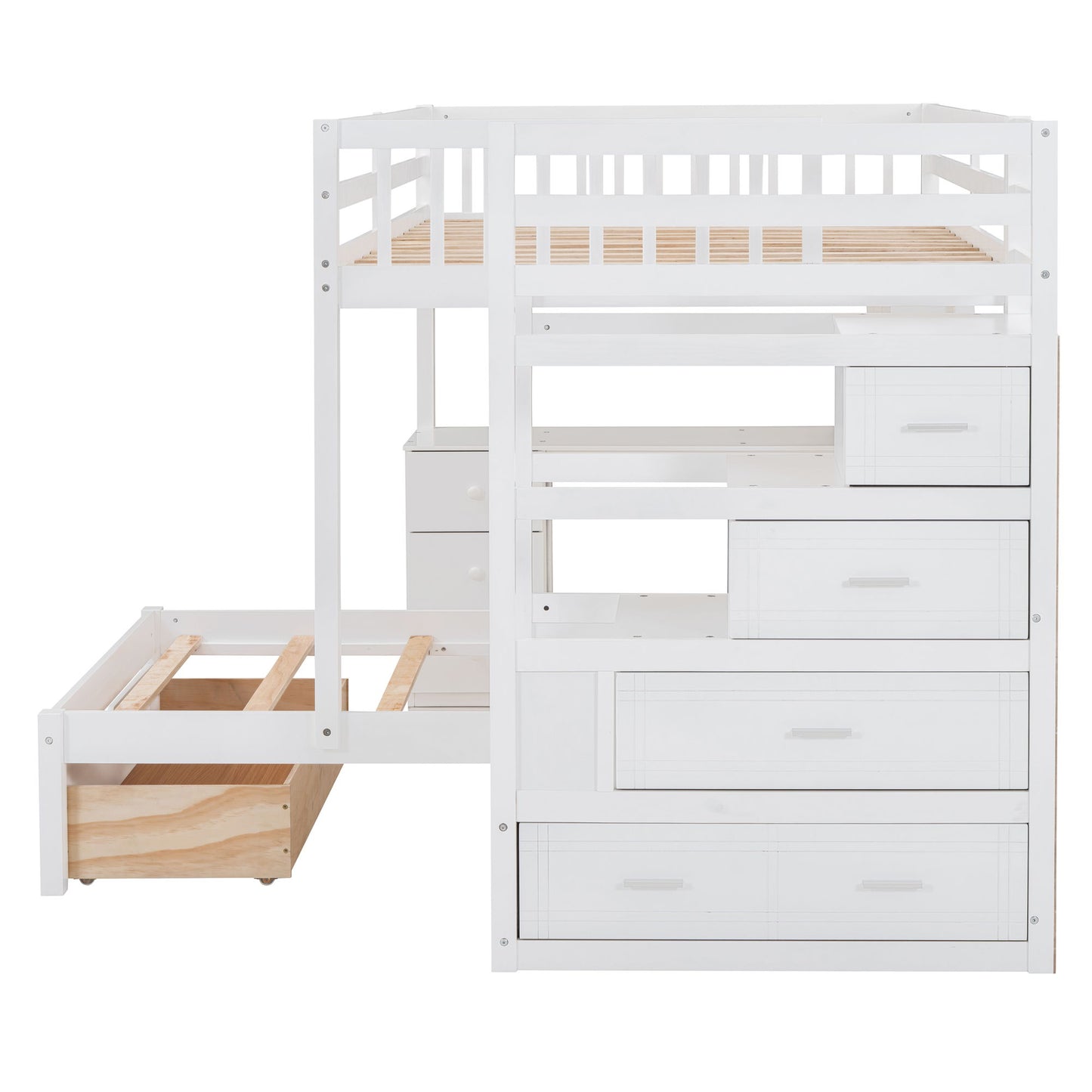 Full Over Twin Bunk Bed With Desk, Drawers And Shelves - White