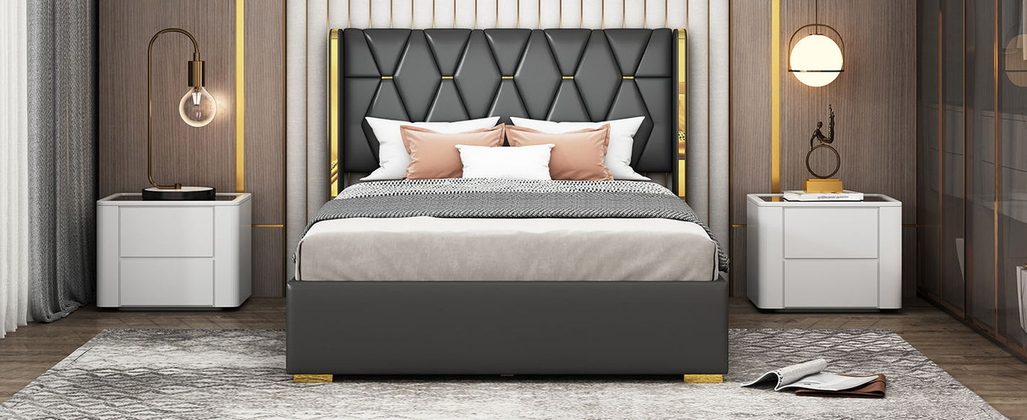 Full Size Upholstered Platform Bed With Strips - Black