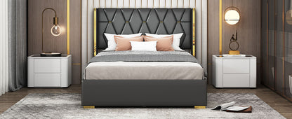 Full Size Upholstered Platform Bed With Strips - Black