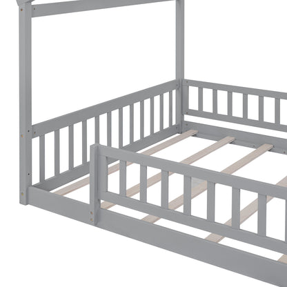 Full Size Bed House Bed Frame With Fence - Gray