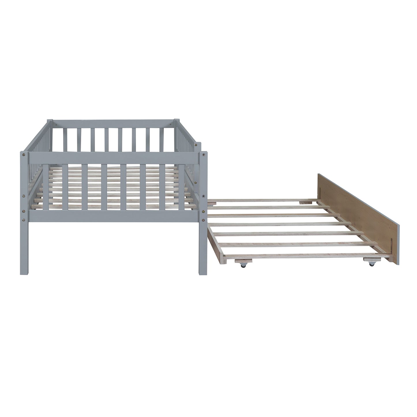 Twin Size Daybed With Trundle And Fence Guardrails - Gray