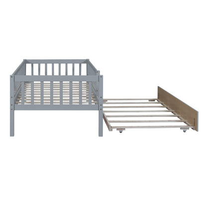 Twin Size Daybed With Trundle And Fence Guardrails - Gray