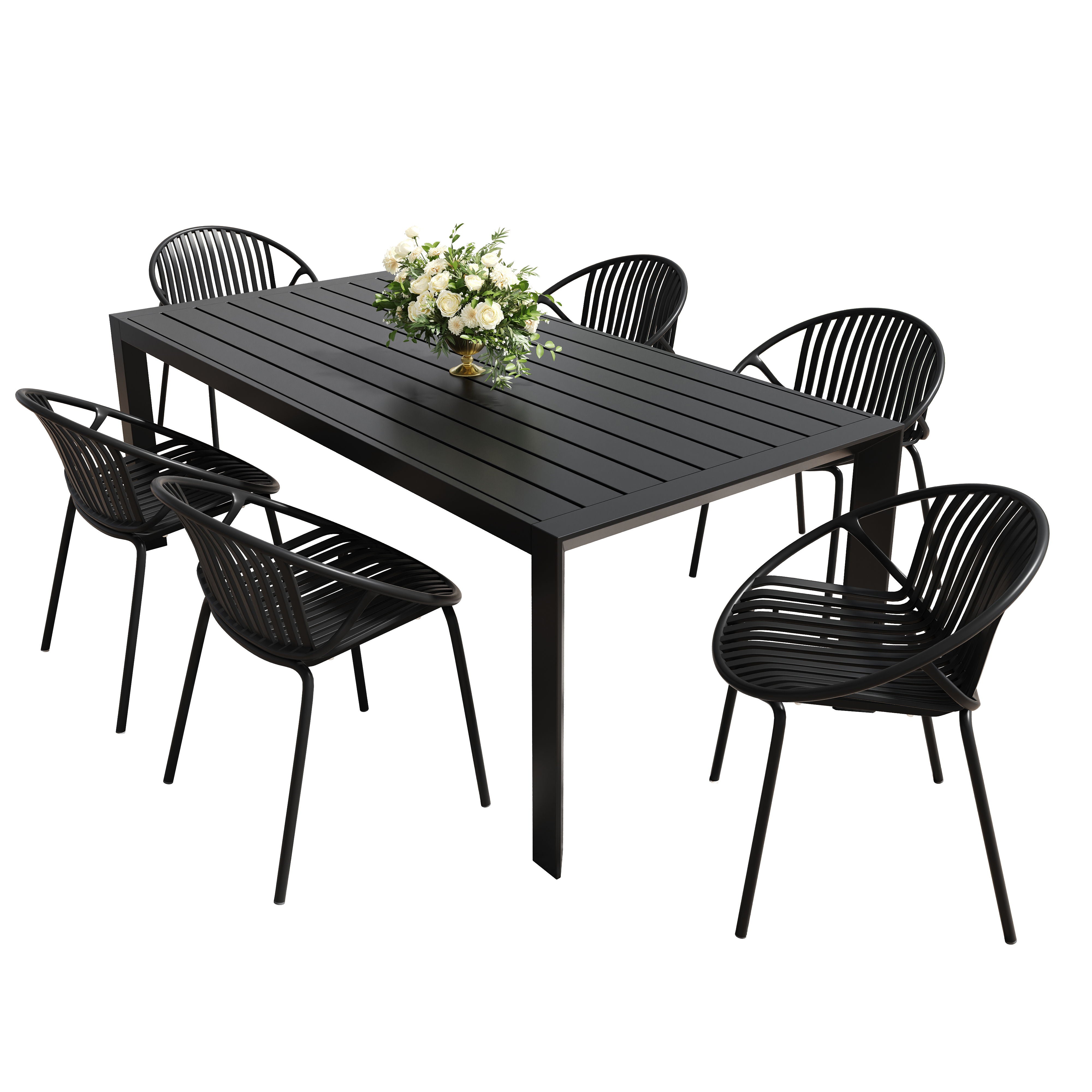 Modern Metal And Polypropylene 7 Piece Outdoor Dining Set With Stackable Chairs - Black
