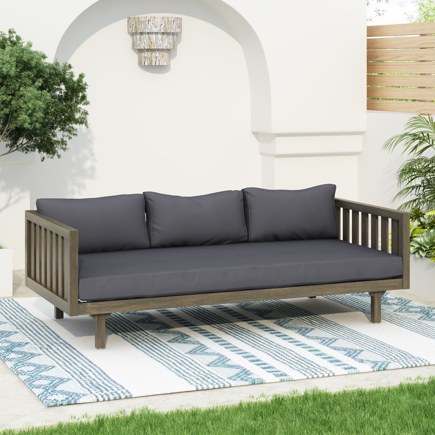 Claremont - 3 Seater Daybed With Slat Paneling And Water Resistant Cushions - Gray