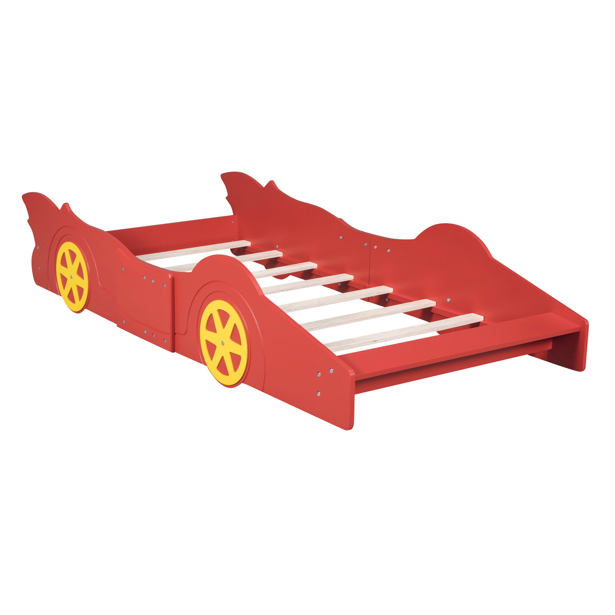 Twin Size Platform Bed Race Car Shaped With Wheels - Red