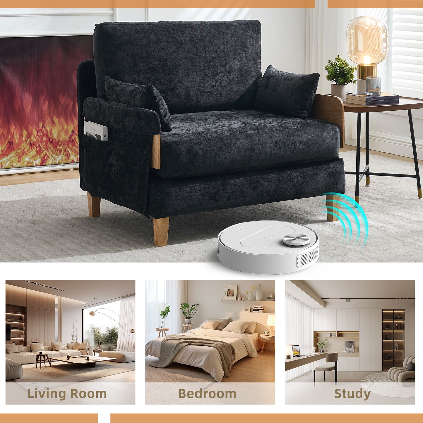 Mid Century Modern Foldable Sofa Bed Recliner, 3 - 1 Convertible Sleeper With 3 Pillows For Small Spaces - Black