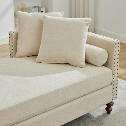 Chenille Upholstered Chaise Lounge With Nailheads, Sleeper Sofa Couch With 4 Throw Pillows & 2 Bolsters, Daybed With Rubberwood Legs - Beige