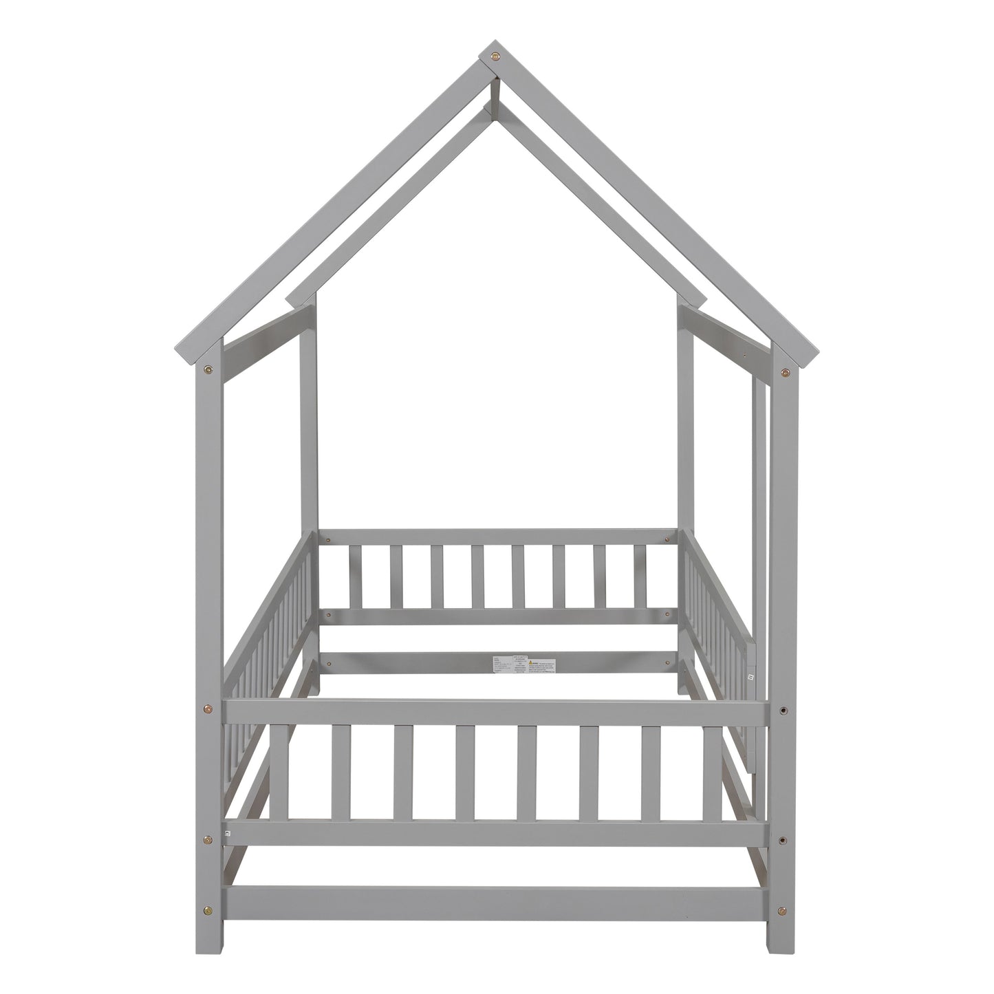 Twin Size Floor Wooden Bed With House Roof Frame, Fence Guardrails - Gray