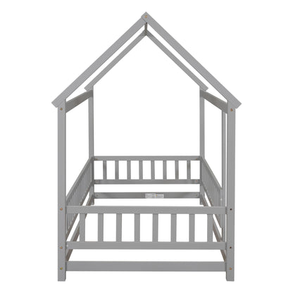 Twin Size Floor Wooden Bed With House Roof Frame, Fence Guardrails - Gray