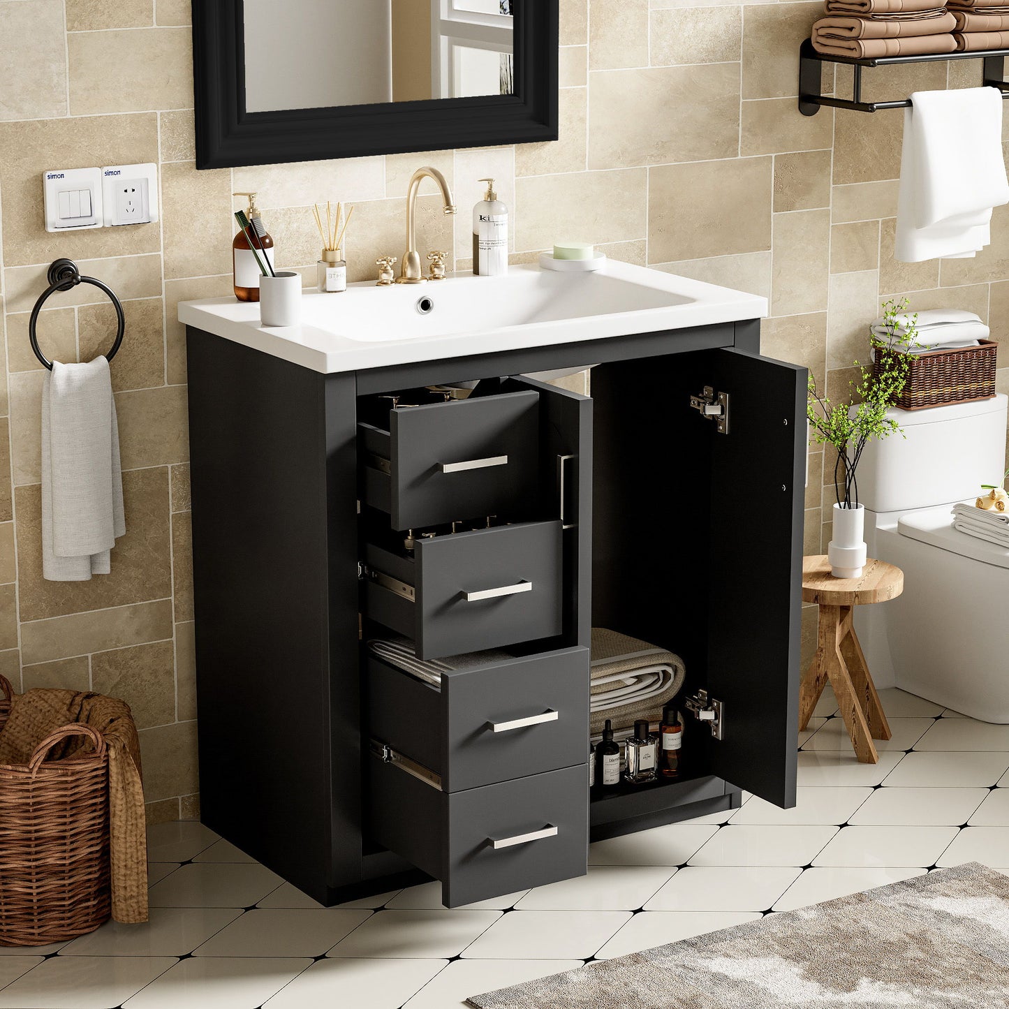 Bathroom Vanity With Ceramic Sink Combo, Frame Bathroom Storage Cabinet, Freestanding Vanity Set With 3 Drawers & Soft Closing Doors - Black