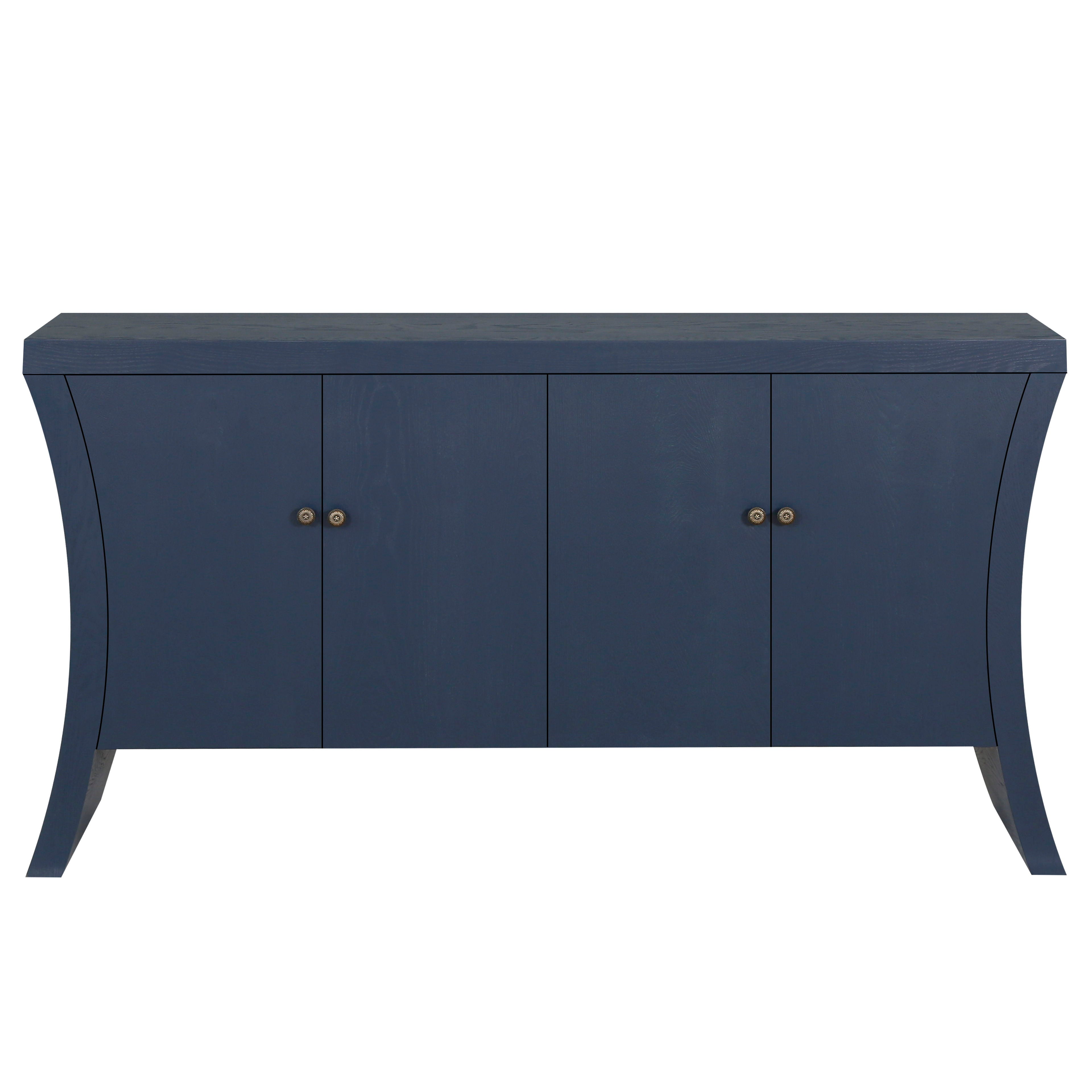 Refined Industrial 4 Door Credenza With Wooden Arc Legs & Bronze Clasps, Advanced Storage Design - Navy Blue