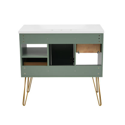 Bathroom Vanity With Resin Sink Combo Set, Modern Freestanding Single Bathroom Cabinet With 2 Drawers & 2 Storage Compartments, Storage Cabinet For Bathroom, Frame Vanity Set - Green