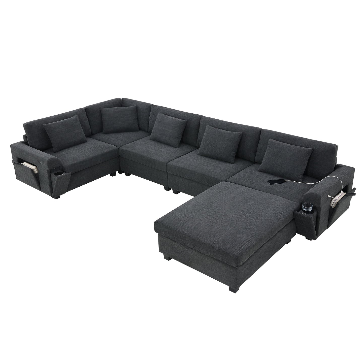 U Shaped Sectional Sofa 6 Seat Couch Set With Oversized Ottoman, Hidden Armrest Storage And Cup Holders USB Charging Ports Wide Seat Sofa - Black