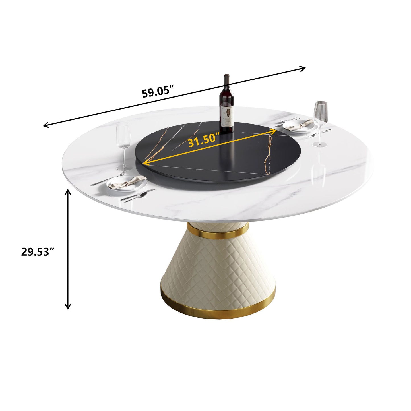 59.05" Modern Artificial Stone Round Carbon Steel Base Dining Table, Black Artificial Stone Turntable - White