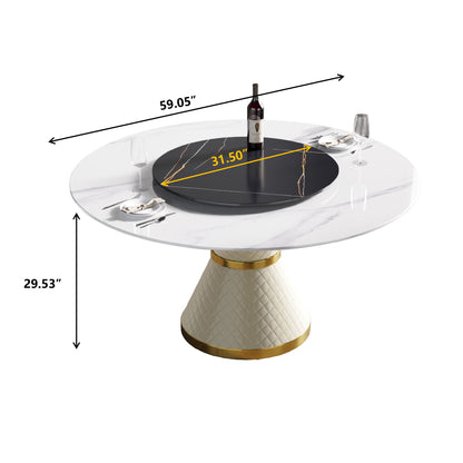 59.05" Modern Artificial Stone Round Carbon Steel Base Dining Table, Black Artificial Stone Turntable - White